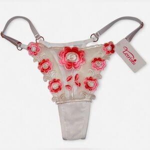 NEW Sheer Mesh Floral Embroidered White/Pink Thong - Medium